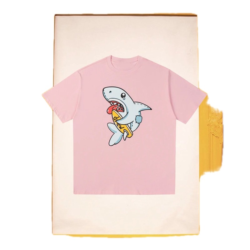 DREW Cartoon Shark Street Style Pink Short-sleeve T-shirt