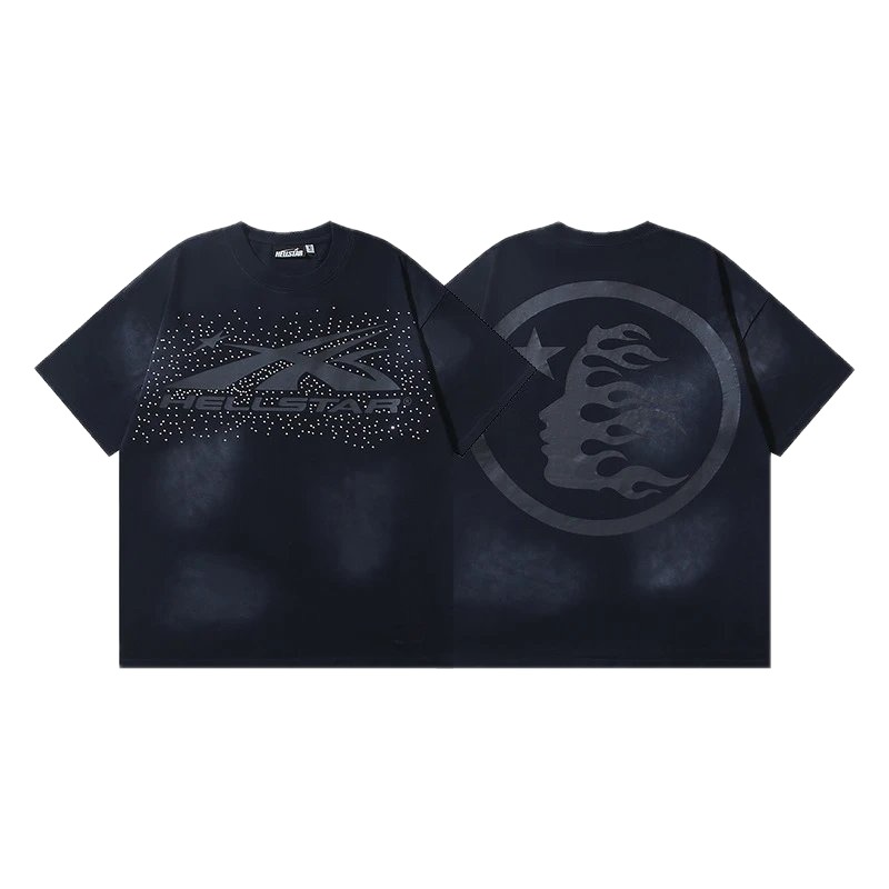 Hellstar Rhinestone Embellished Street Style Black Short Sleeve T-shirt