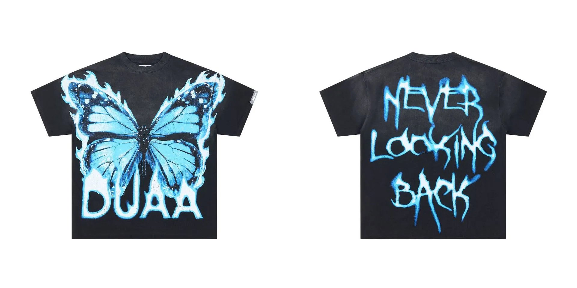 DUAA Butterfly Print Street Style Black and Blue Short-sleeved T-shirt