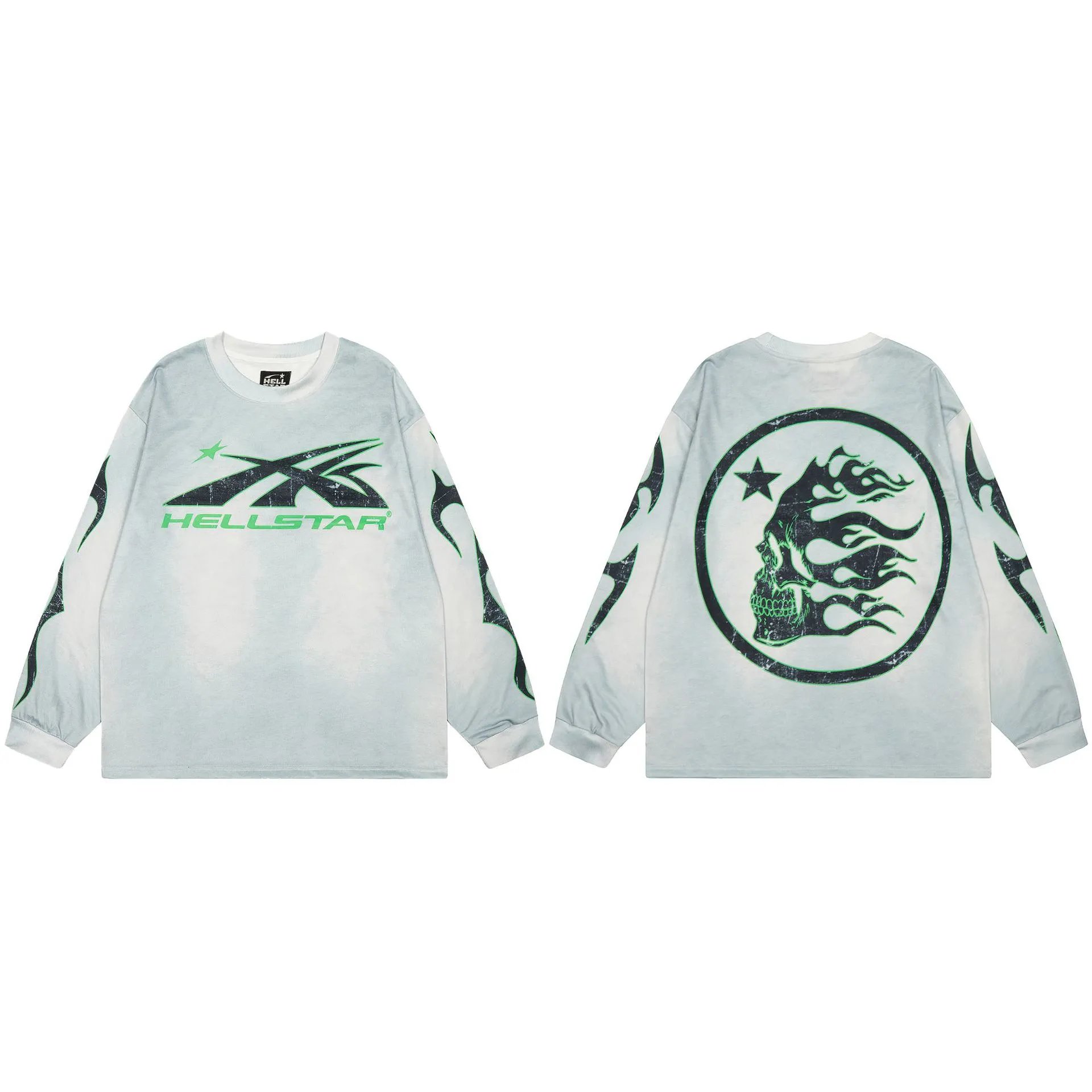 Hellstar Skull Print Street Style Light Gray Long Sleeve T-Shirt