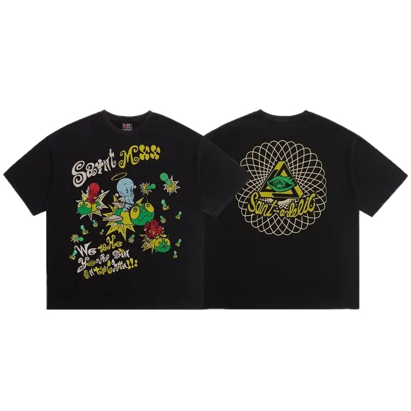 SAINT Cartoon Graffiti Street Style Black T-Shirt