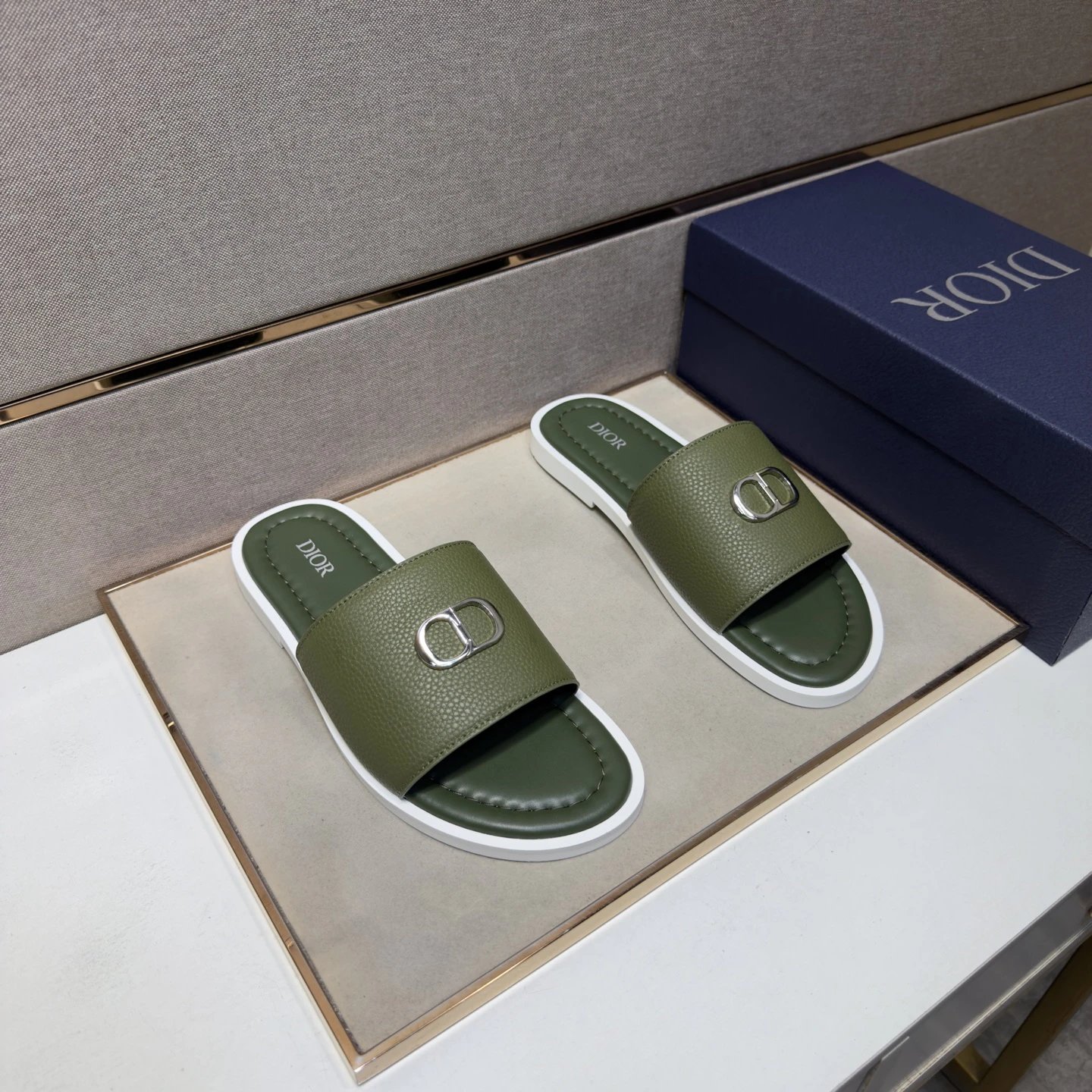 Dior CD Collection Light Luxury Style Army Green Slide Sandals