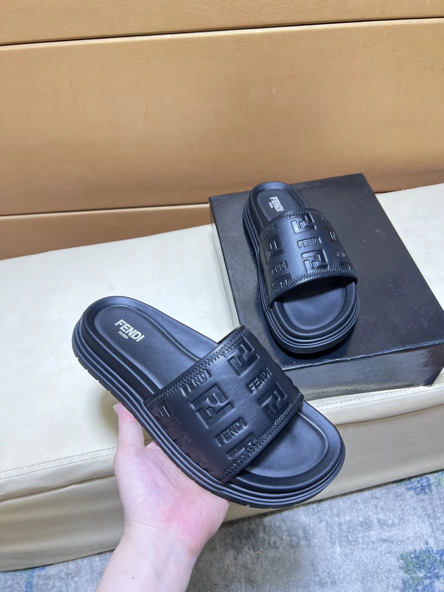 Fendi Double F Embossed Light Luxury Style Black Slide Sandals