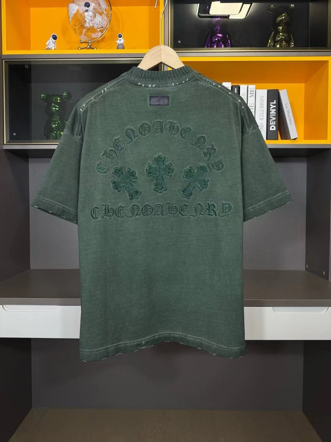 Chrome Hearts Cross Embroidered Vintage Dark Green Short-Sleeve T-Shirt