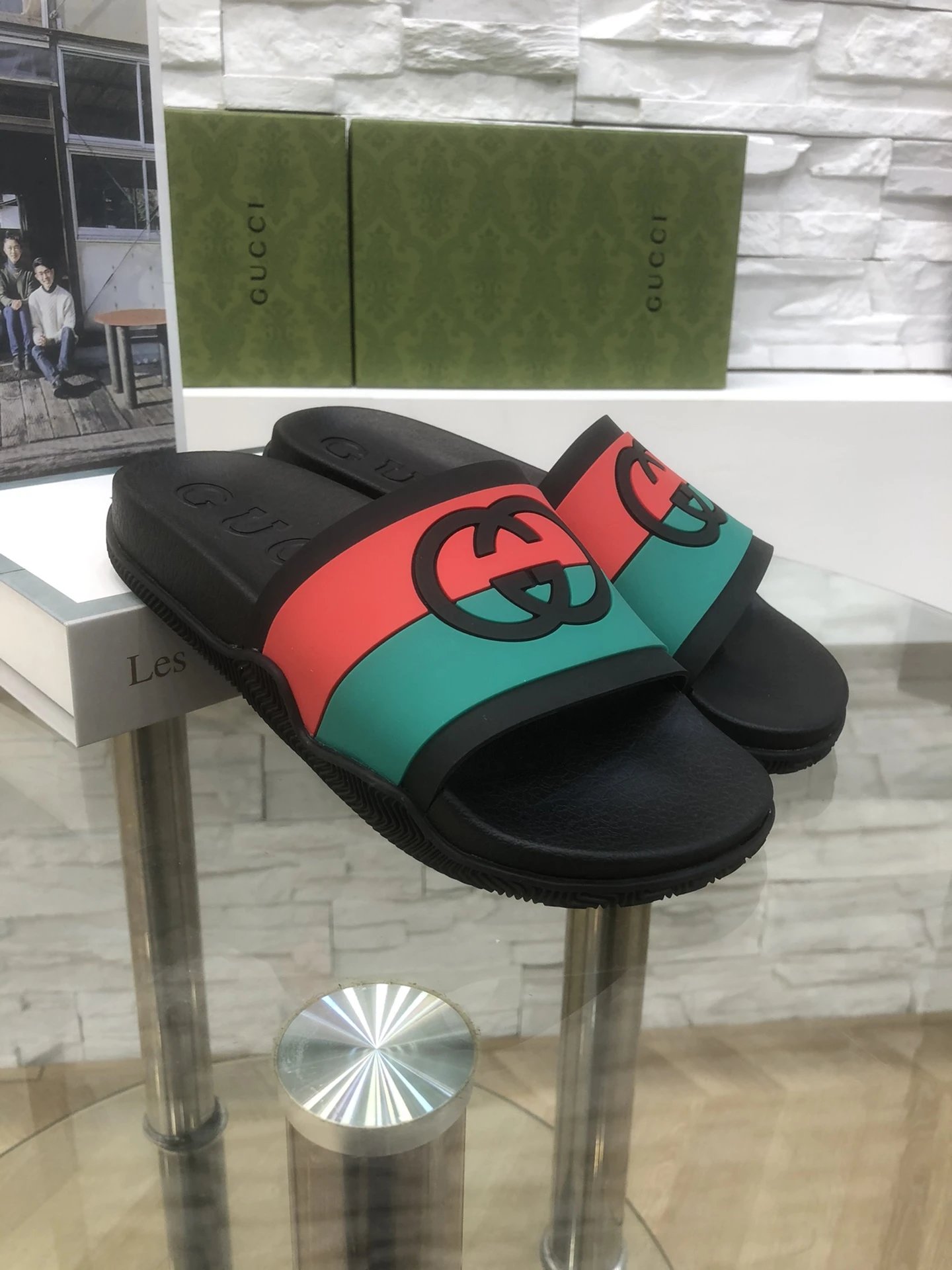 Gucci Double G Vintage-style Red and Green Color-block Slide Sandals