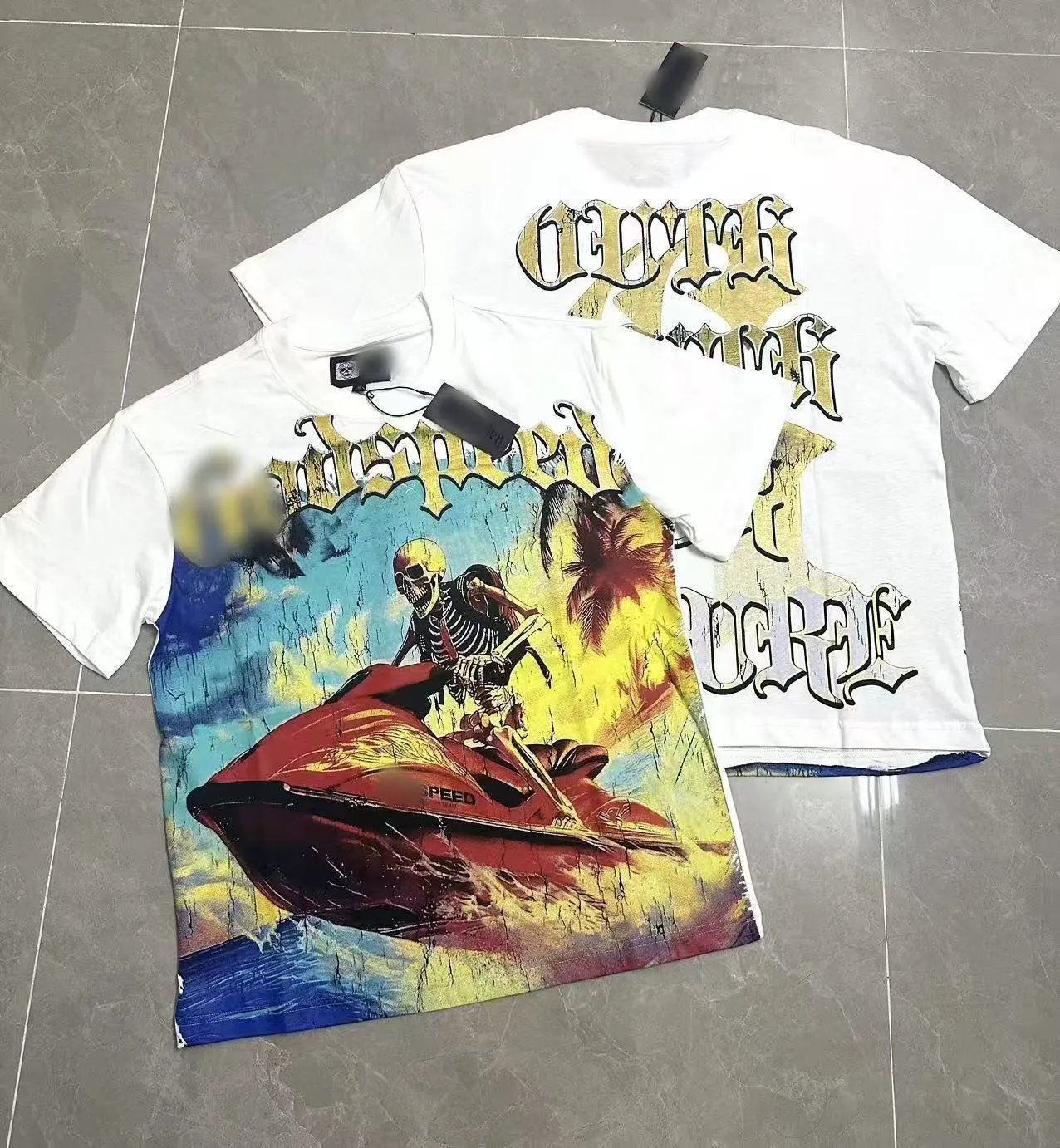 GOD Skull & Motorcycle American Retro White Short-sleeve T-shirt