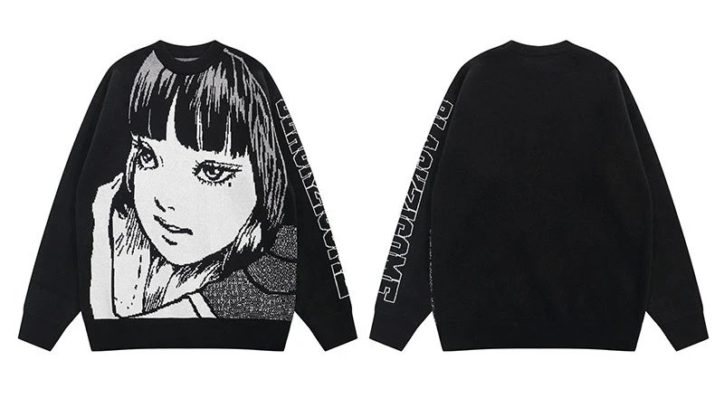 Relaxed Anime graphic sweater Black Knit Top with Versatile Design