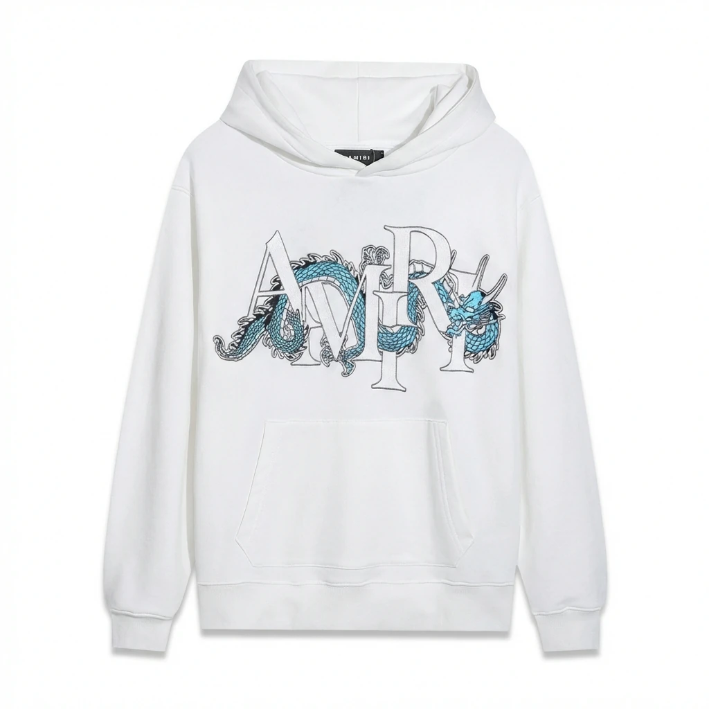 AMIRI White Hoodie with Dragon Pattern Print Style