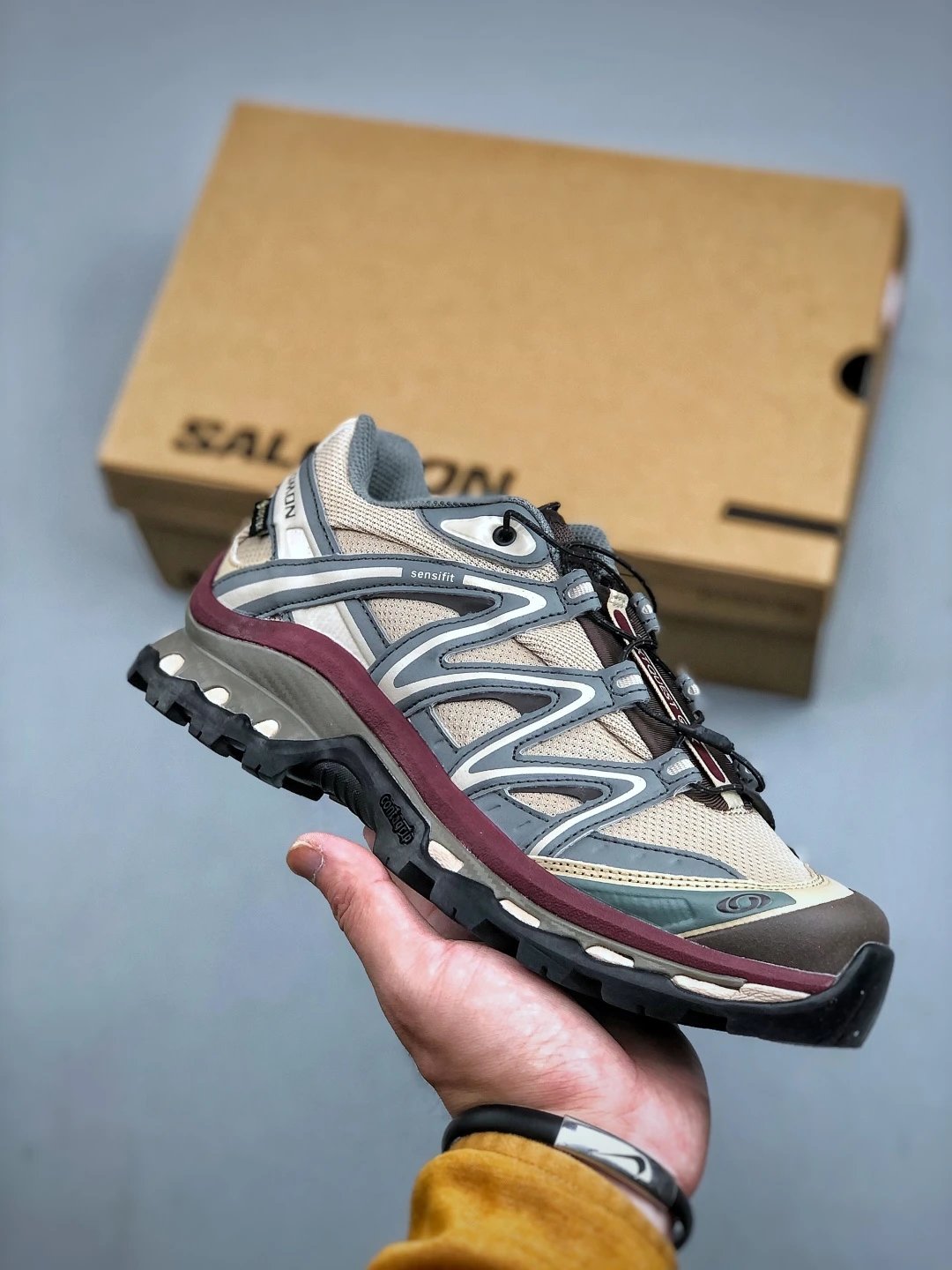 Salomon Trail Runners in Gray and Burgundy with Treaded Trail Sole