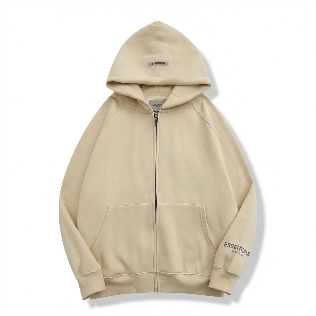 ESSENTIALS minimalist style beige hooded sweatshirt with drawstring
