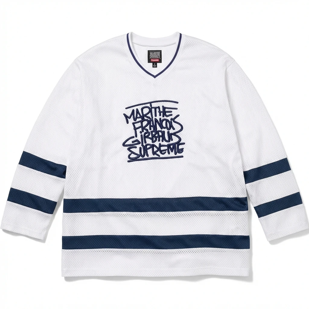 Supreme graffiti-style white and blue jersey