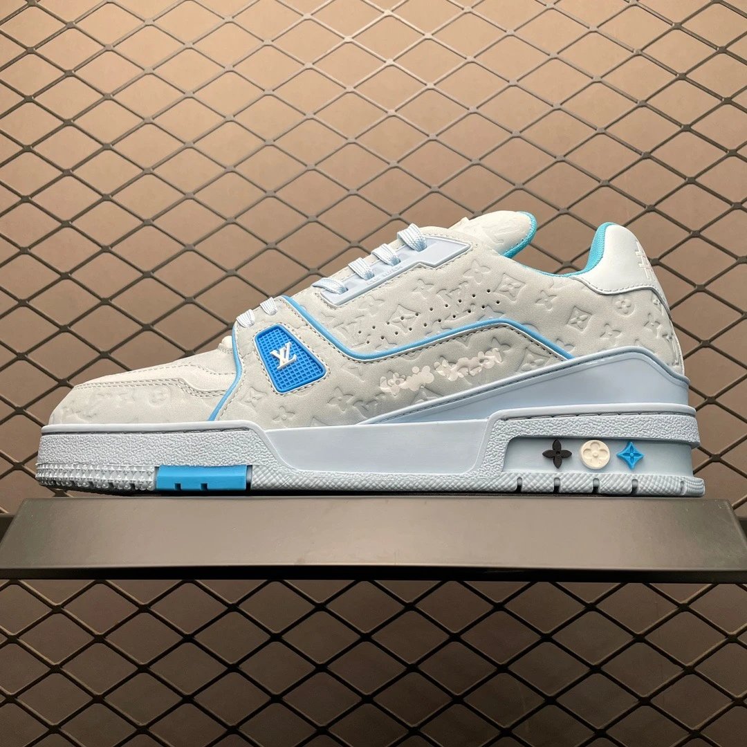 Louis Vuitton Light Gray and Blue Panelled Trainers Highlighting Monogram Detail