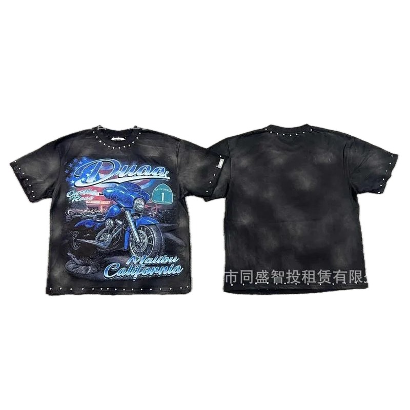DUAA Motorcycle Print Vintage Style Black T-Shirt