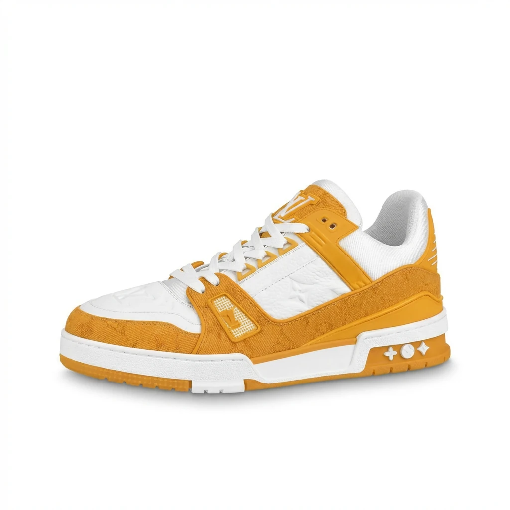Louis Vuitton low-top sneakers in orange and white color blocking.