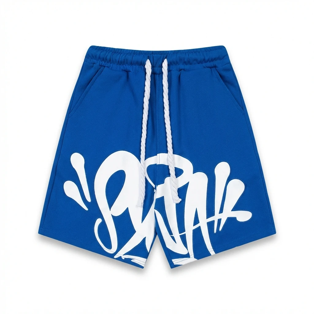 SynaWorld graffiti-style blue shorts