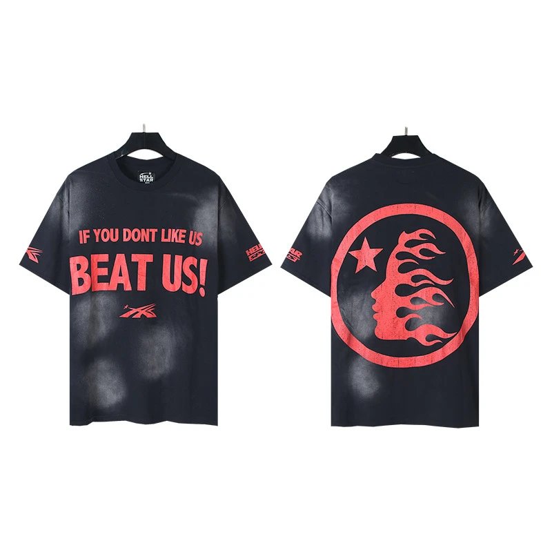 Hellstar Flame Print Street Style Black and Red Short-sleeve T-shirt