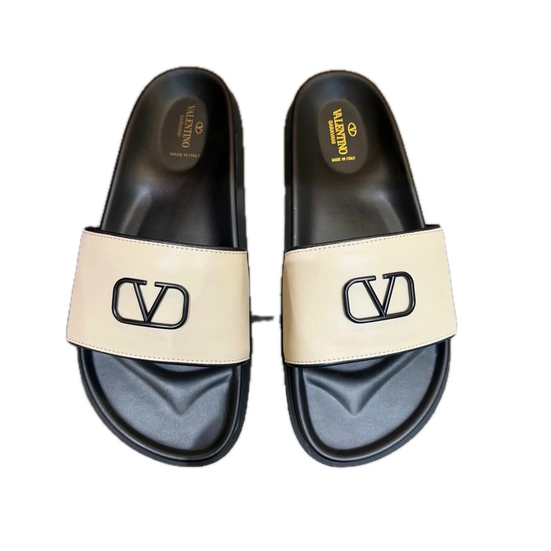 Valentino V-Logo Affordable Luxury Style Beige-Black Slide Sandals