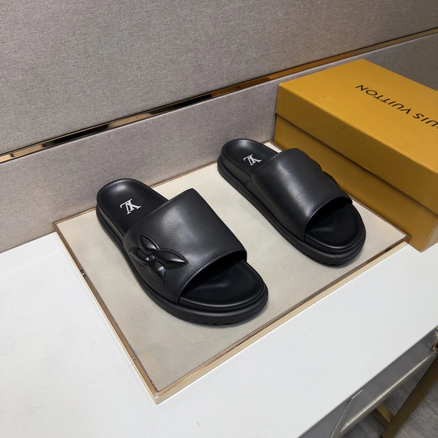 Louis Vuitton Classic Embossed Minimalist Style Black Slide Sandals