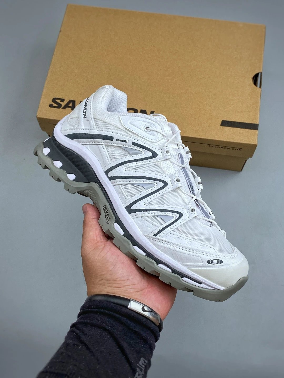 Salomon White and Gray Trail Runners with Quick-Lace Style Cords
