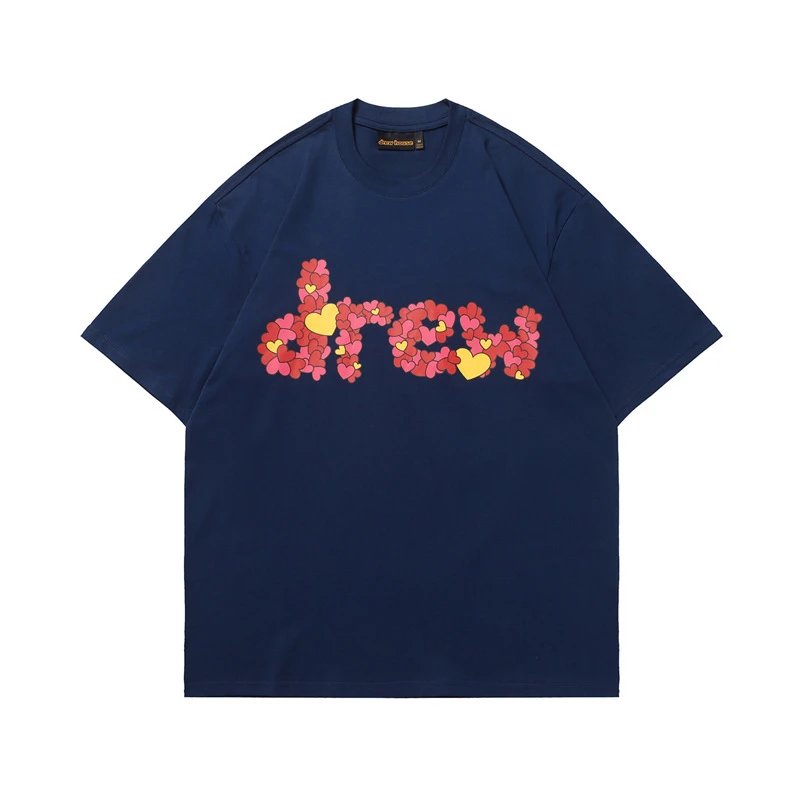 DREW All-over Heart Print Trendy Style Navy Blue Short-sleeve T-shirt