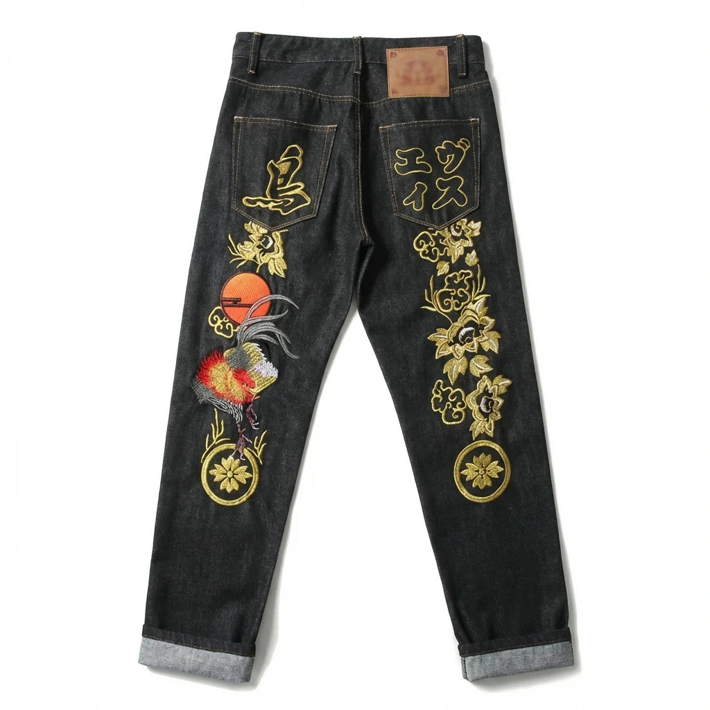 EVISU Japanese-style embroidered black pants