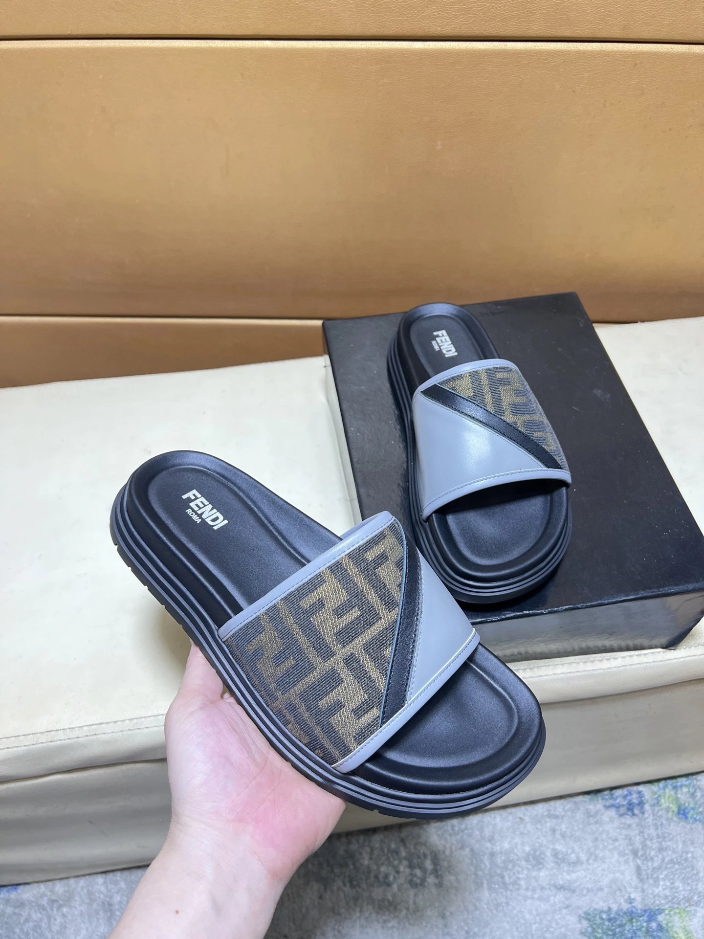 Fendi FF Monogram Casual Grey-Paneled Slides