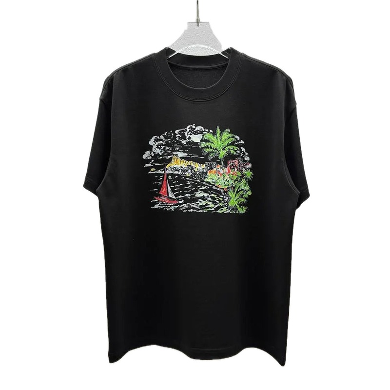 AW Seaside Print Vacation Style Black Short Sleeve T-Shirt