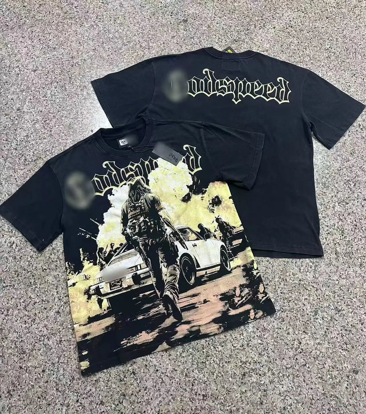 Godspeed Gunfight Print Vintage-Style Black T-Shirt