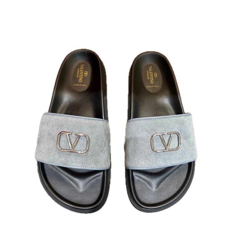 Valentino V-logo Light Luxury Style Grey and Black Color-block Slides