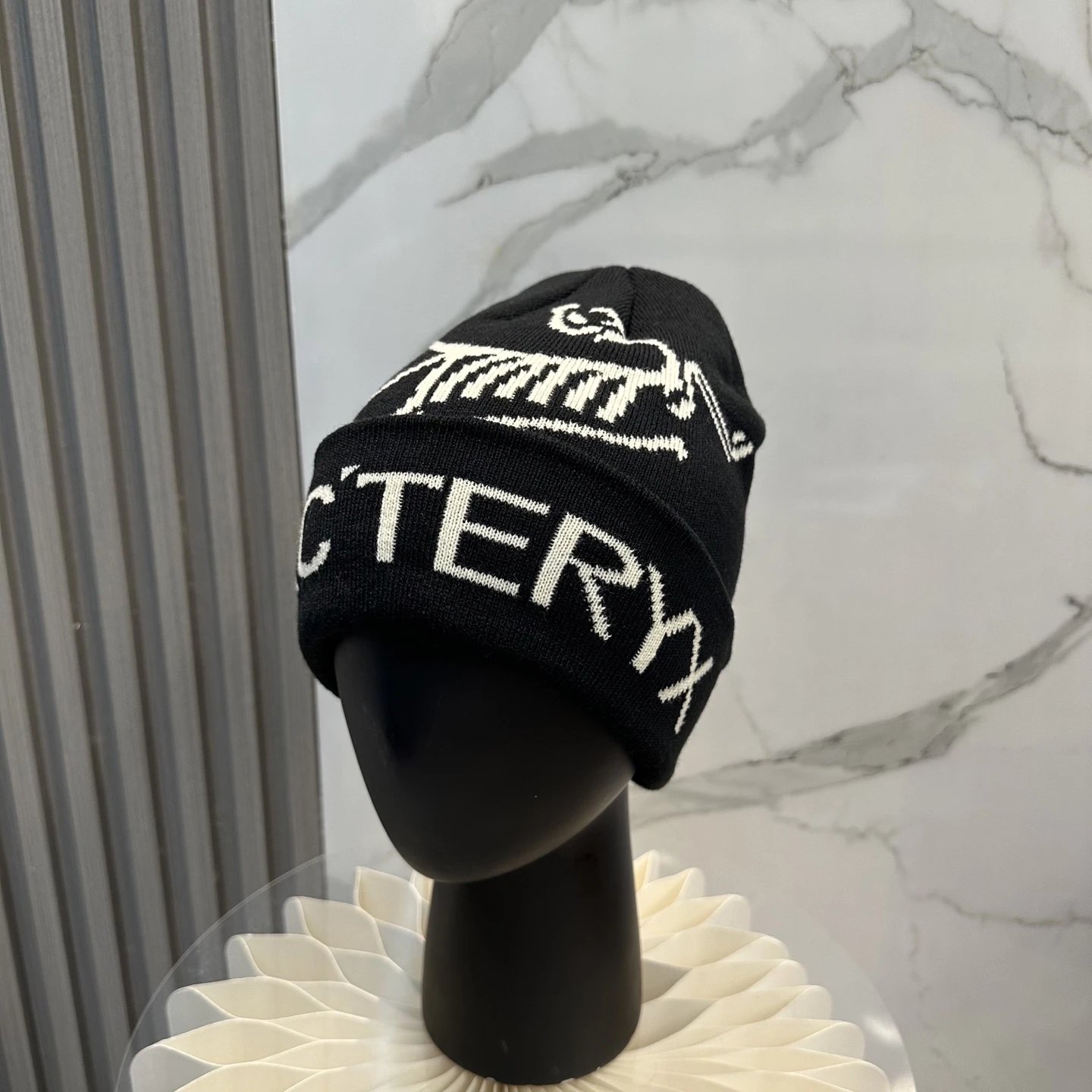 Black White Ribbed Knit Beanie with Arc'teryx Lettering
