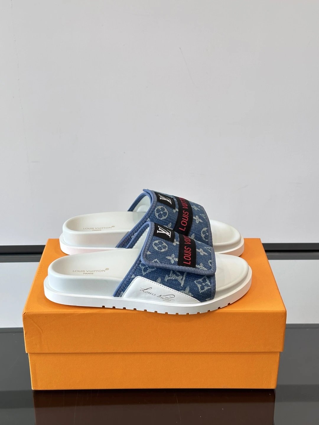 Louis Vuitton Monogram Trendy Denim Blue One-strap Slide Sandals