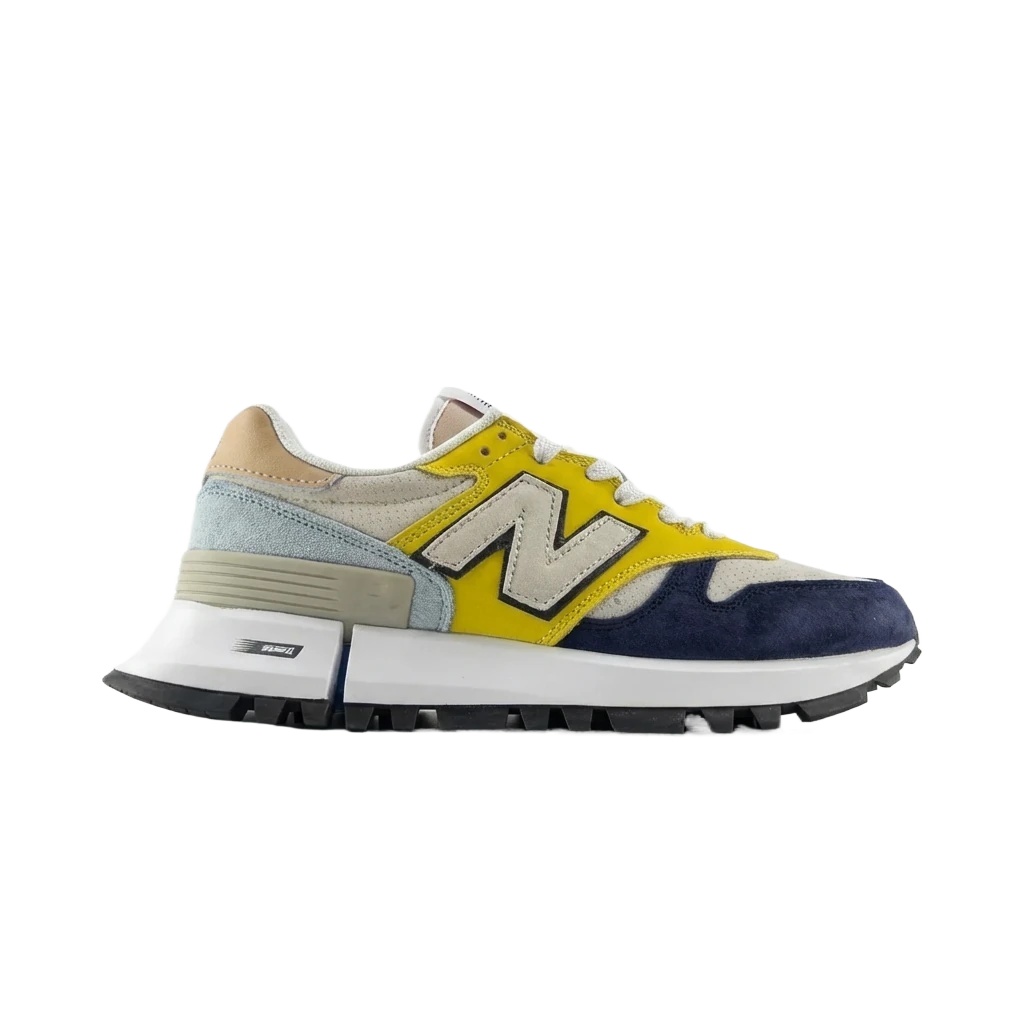 Retro-style yellow and blue sports shoes of New Balance