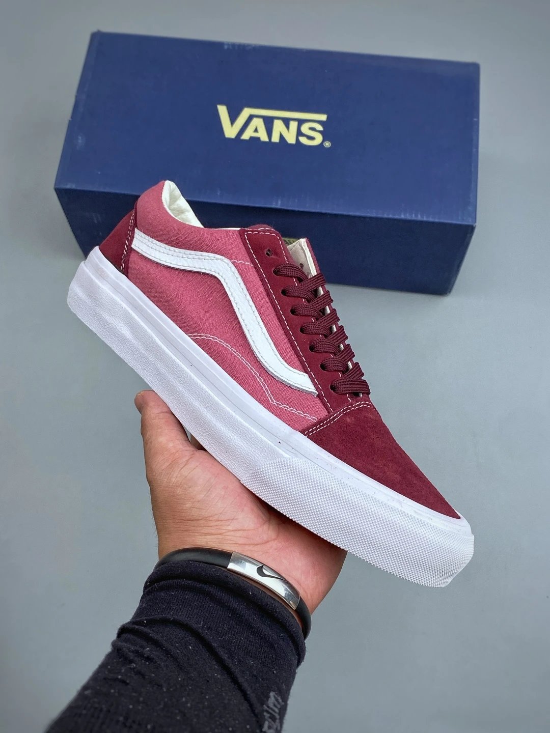 Vans Burgundy and White Skate Sneakers, Side Stripe Detail