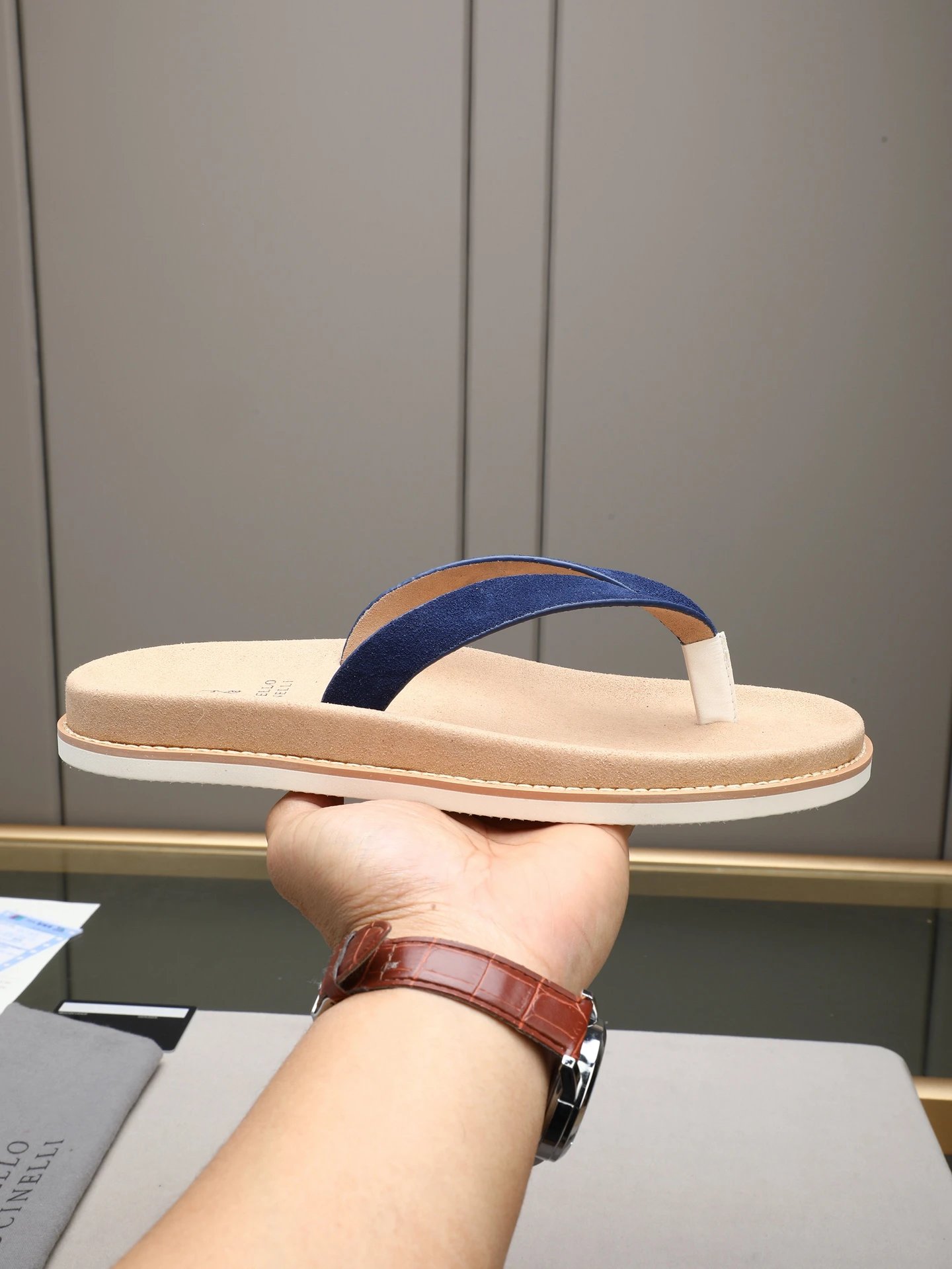 Brunello Cucinelli Casual Style Blue & Apricot Color-block Flip Flops