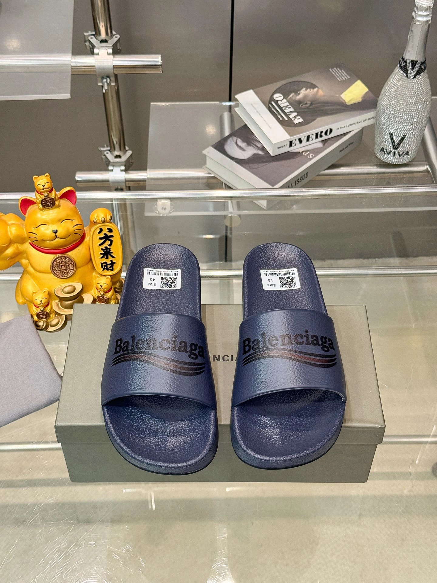Balenciaga Letter Print Casual Style Navy Blue Slides