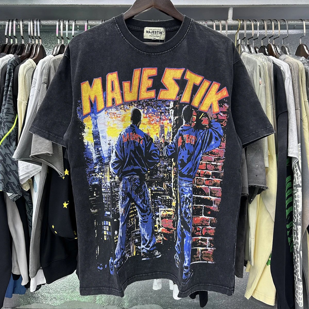 MAJESTIK Printed Vintage Distressed Black T-Shirt