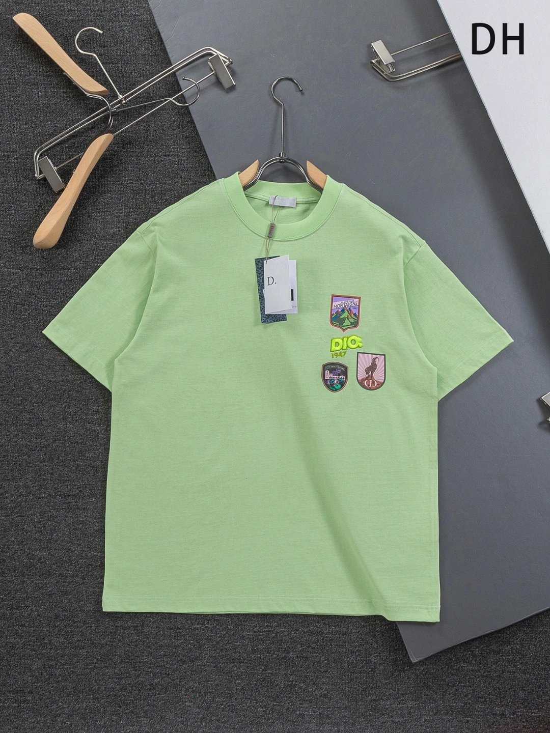 Dior Embroidered Badge Casual Style Lime Green T-Shirt
