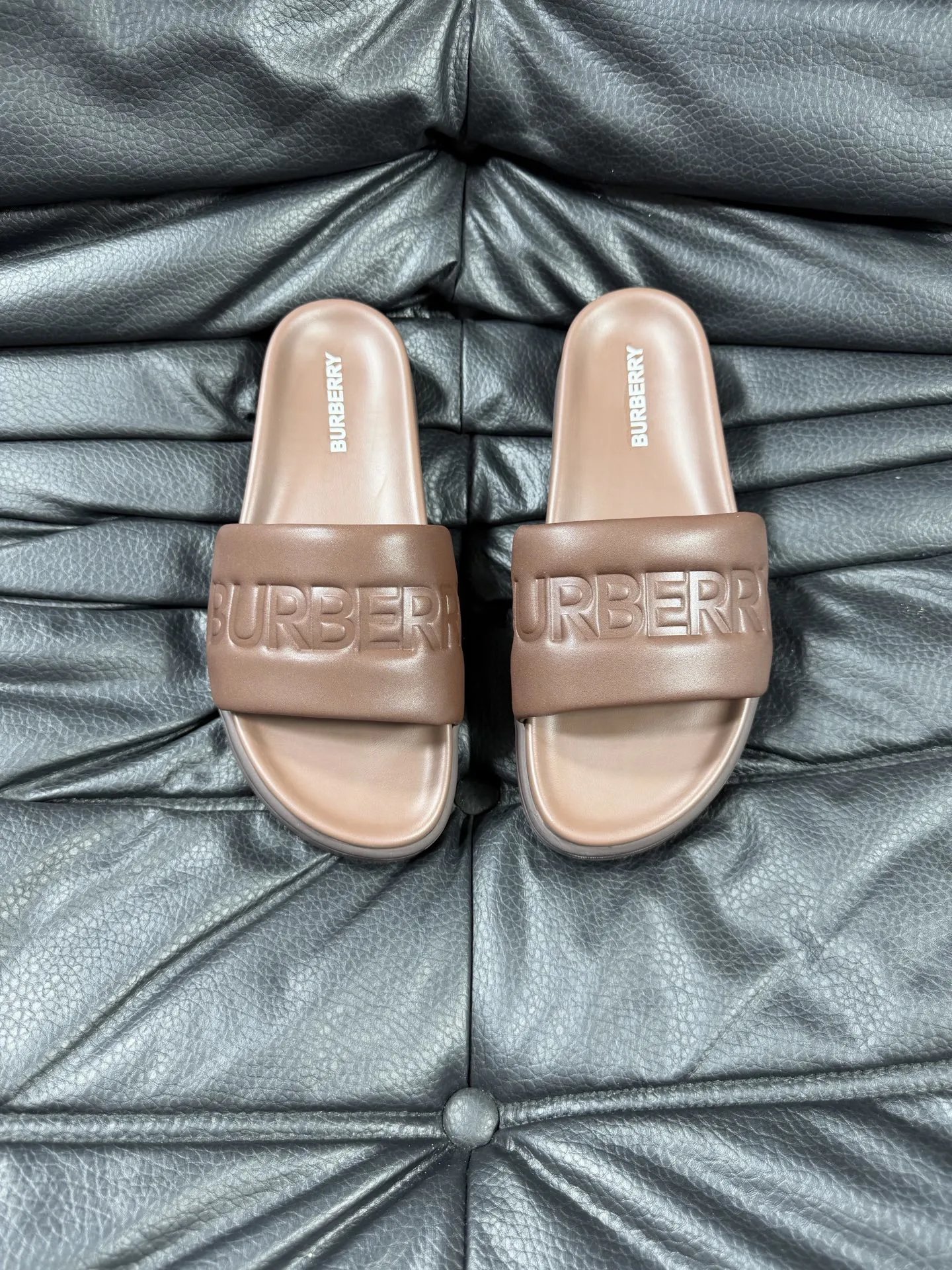 Burberry Embossed Minimalist-Style Brown Slide Sandals