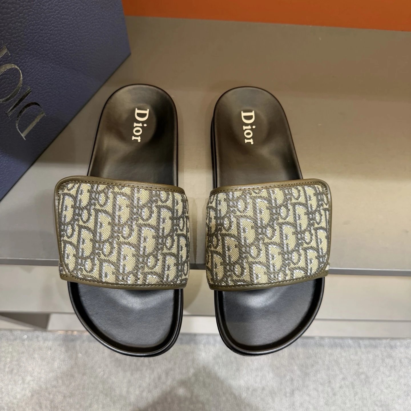 Dior Vintage-Style Military Green Monogram Slides