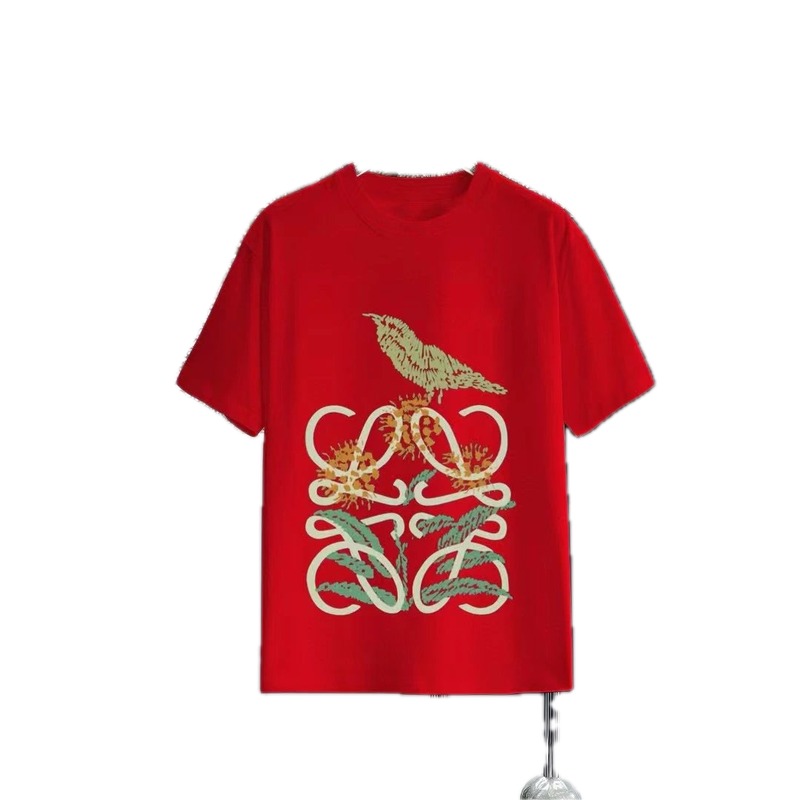 LOEWE Bird and Flower Print Light Luxury Style Red Short-sleeve T-shirt