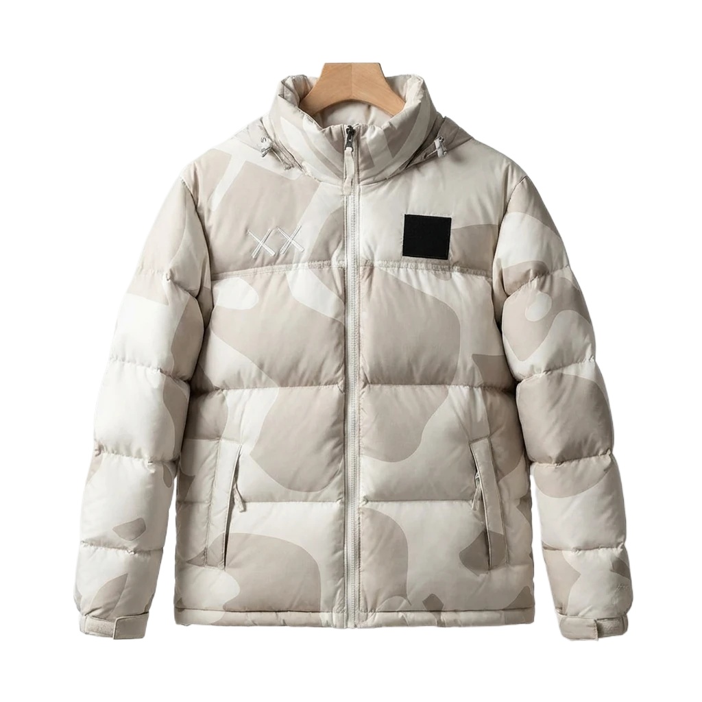 The North Face camouflage-style white down jacket