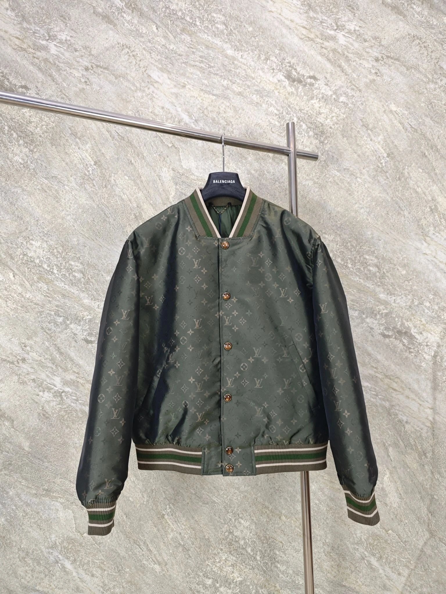 Louis Vuitton Winter Monogram Bomber Jacket with tonal all-over motif and striped ribbed trim