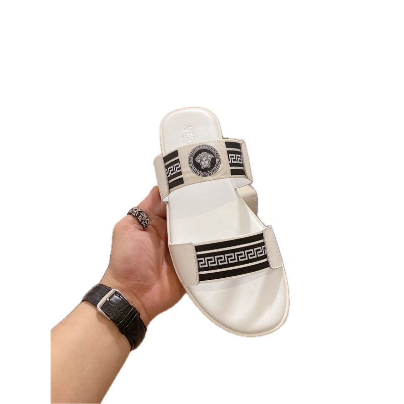 Versace Medusa Greek Key Trendy White Slide Sandals
