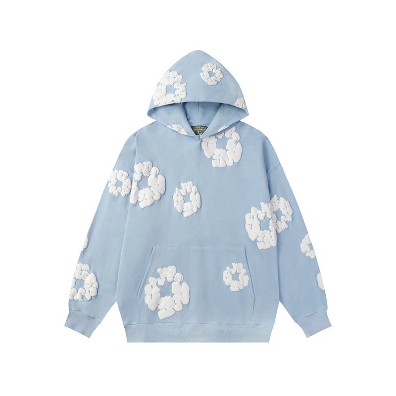 Sky Blue Flower Print Pullover Hoodie