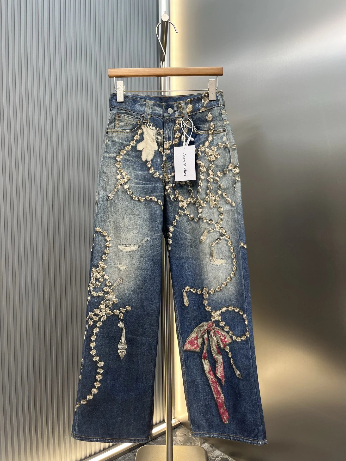 Chain-Like Trim Washed Indigo Chrome Hearts Embellished Wide Jeans