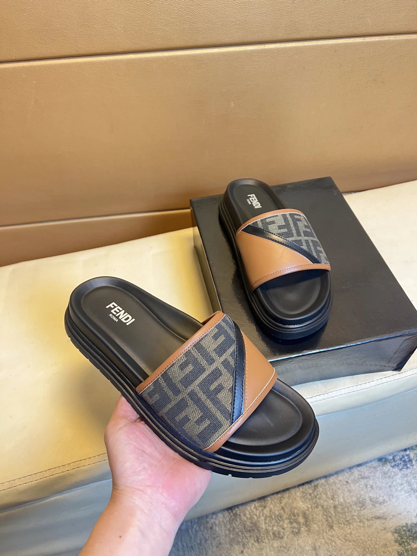 Fendi FF Monogram Vintage Style Color-block Slides