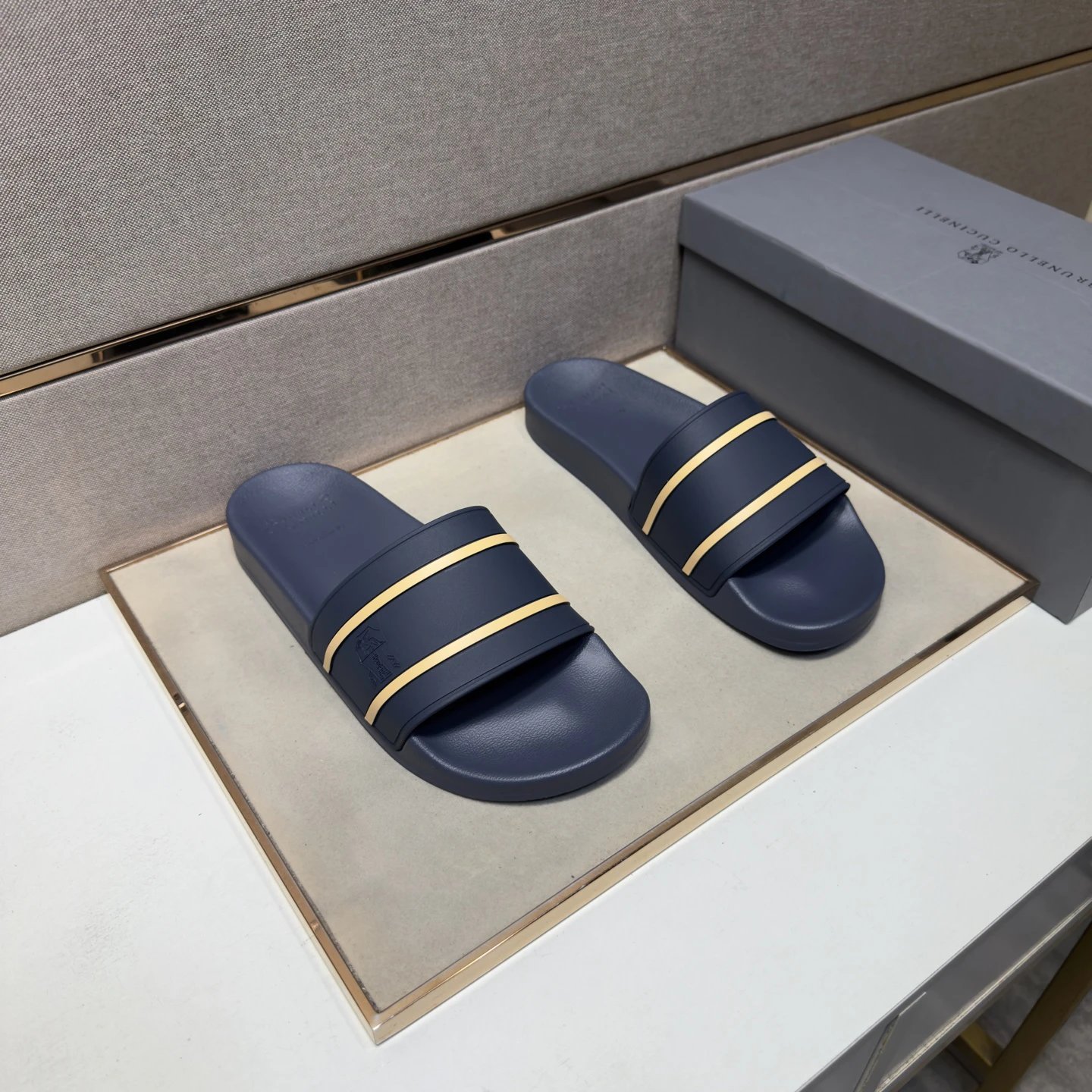 Brunello Cucinelli Casual Striped Navy Blue Slide Sandals