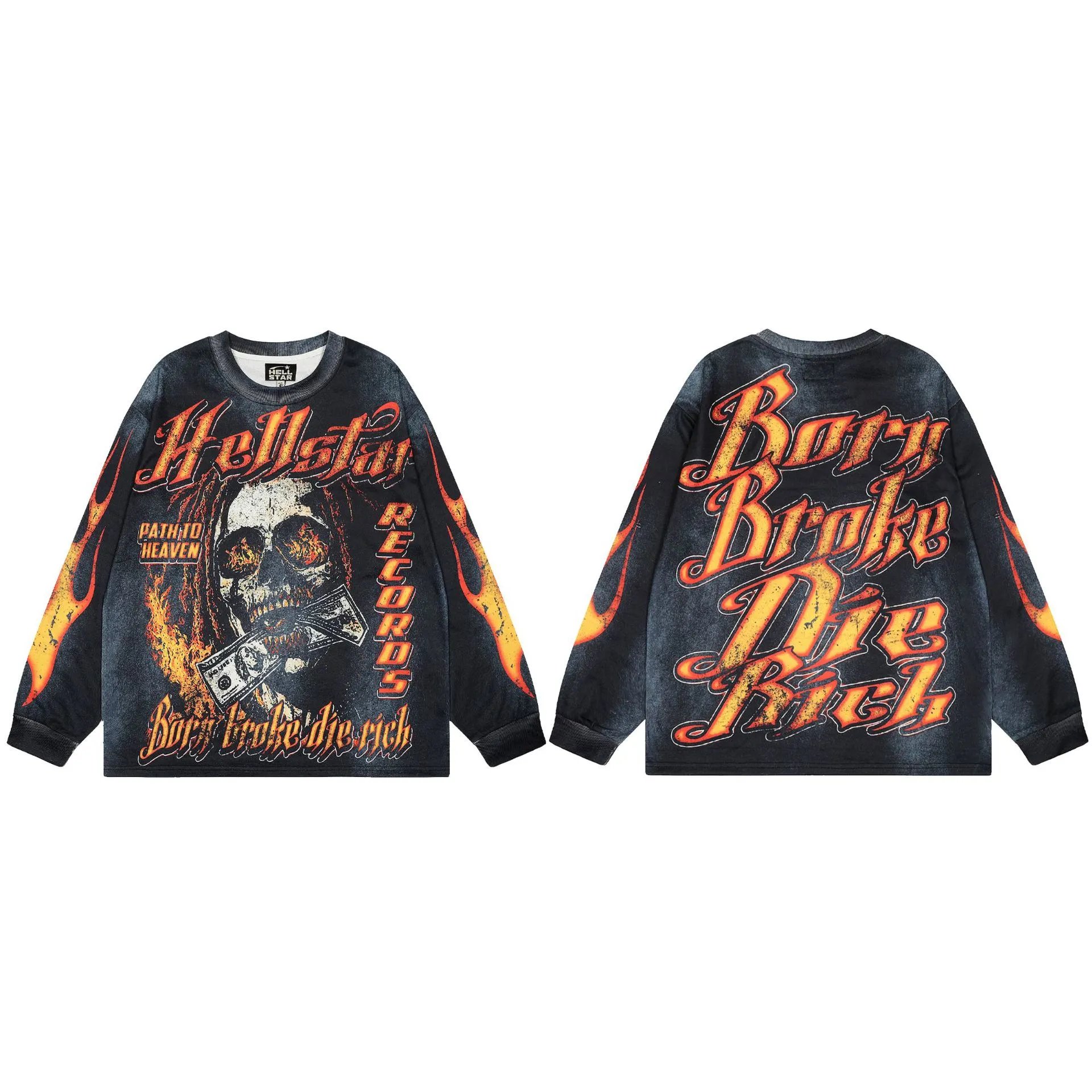 Hellstar Skull Flame Street Style Black & Orange Long Sleeve T-Shirt