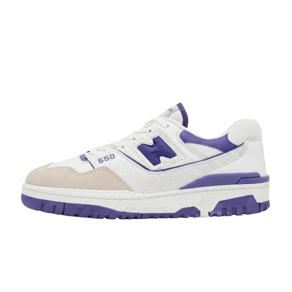 New Balance 550 retro style white and purple shoes