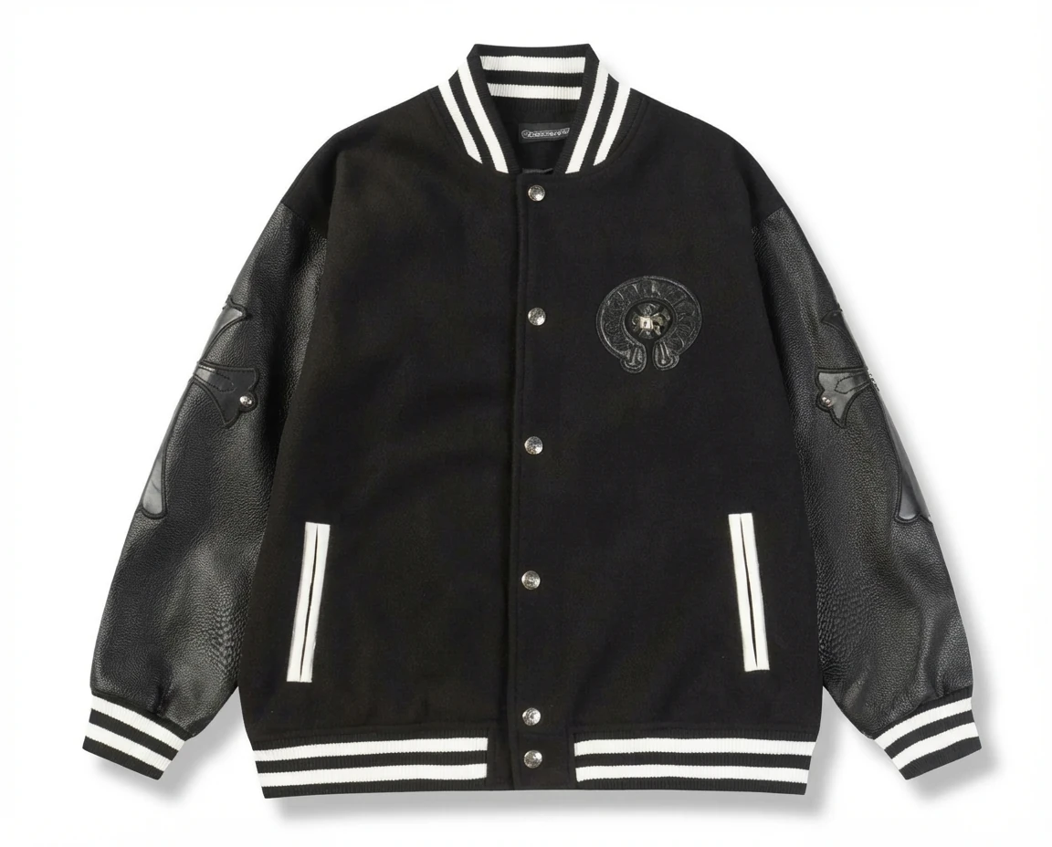 Chrome Hearts retro-style black baseball uniform.